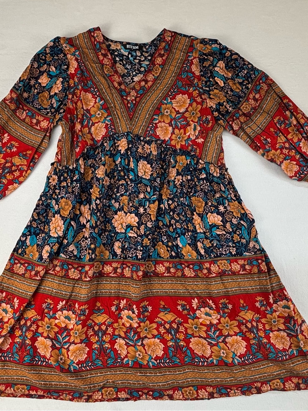 Bitten Floral Mixed-Print Red Tiered Boho Dress